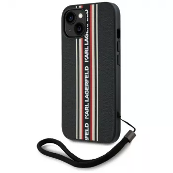KARL LAGERFELD Saffiano Athleisure Stripes Cord ovitek za iPhone 15, črno-rdeč