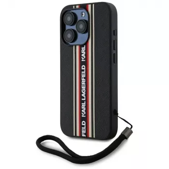 KARL LAGERFELD Saffiano AthleisureStripes Cord ovitek za iPhone 15 Pro Max, črno-rdeč