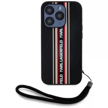 KARL LAGERFELD Saffiano AthleisureStripes Cord ovitek za iPhone 15 Pro Max, črno-rdeč