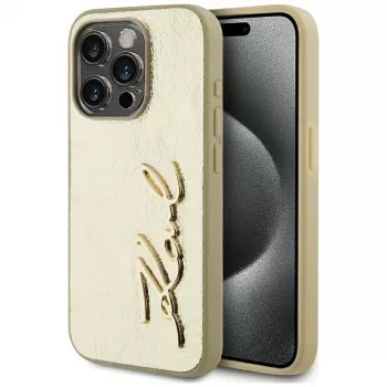 KARL LAGERFELD Wrinkled Metal Signature ovitek za iPhone 15 Pro – zlat