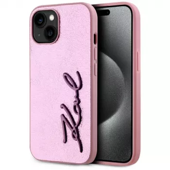 KARL LAGERFELD Wrinkled Metal Signature zadnji ovitek za Apple iPhone 15, roza