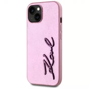 KARL LAGERFELD Wrinkled Metal Signature zadnji ovitek za Apple iPhone 15, roza