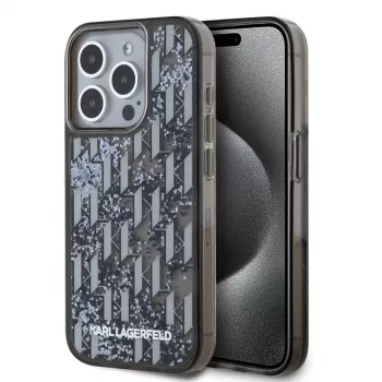 KARL LAGERFELD Liquid Glitter Monogram Gradient zadnji ovitek za Apple iPhone 15 Pro, črn