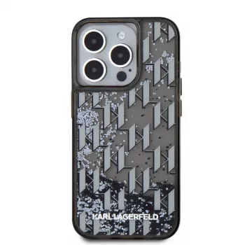 KARL LAGERFELD Liquid Glitter Monogram Gradient zadnji ovitek za Apple iPhone 15 Pro, črn