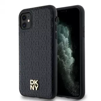 DKNY DKHMN61PSHRPSK trd ovitek za iPhone 11 / XR, 6,1 palca, črn iz usnja z monogramskim vzorcem in kovinskim logotipom MagSafe