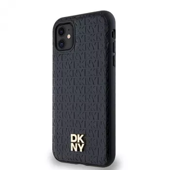DKNY DKHMN61PSHRPSK trd ovitek za iPhone 11 / XR, 6,1 palca, črn iz usnja z monogramskim vzorcem in kovinskim logotipom MagSafe