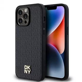 DKNY DKHMP13XPSHRPSK iPhone 13 Pro Max, 6,7, črn trd ovitek, usnje, vzorec, kovinski logotip, MagSafe
