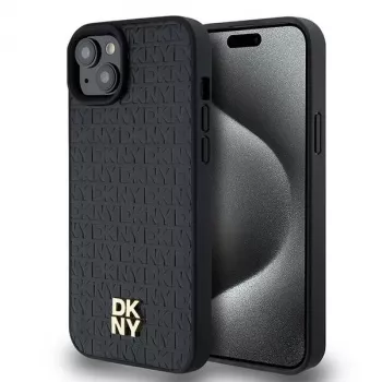 DKNY DKHMP15MPSHRPSK trd ovitek za iPhone 15 Plus / 14 Plus, 6,7 palca, črn iz usnja z monogramskim vzorcem in kovinskim logotipom MagSafe