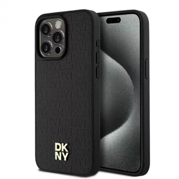DKNY DKHMP15XPSHRPSK trd ovitek za iPhone 15 Pro Max, 6,7 palca, črn iz usnja z monogramskim vzorcem in kovinskim logotipom MagSafe