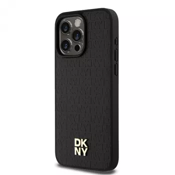 DKNY DKHMP15XPSHRPSK trd ovitek za iPhone 15 Pro Max, 6,7 palca, črn iz usnja z monogramskim vzorcem in kovinskim logotipom MagSafe