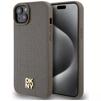 DKNY DKHMP15MPSHRPSW trd ovitek z videzom usnja in kovinskim logotipom, MagSafe za iPhone 15 Plus / 14 Plus, 6,7 palca, rjav
