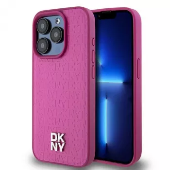 DKNY DKHMP15LPSHRPSP trd ovitek iz usnja za iPhone 15 Pro, 6,1 palca, roza z monogramskim vzorcem in kovinskim logotipom, združljiv z MagSafe