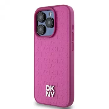 DKNY DKHMP15LPSHRPSP trd ovitek iz usnja za iPhone 15 Pro, 6,1 palca, roza z monogramskim vzorcem in kovinskim logotipom, združljiv z MagSafe
