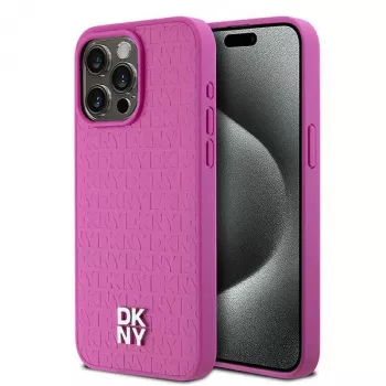 DKNY DKHMP15XPSHRPSP trd ovitek za iPhone 15 Pro Max, 6,7 palca, roza, usnje, monogramski vzorec, kovinski logotip, MagSafe