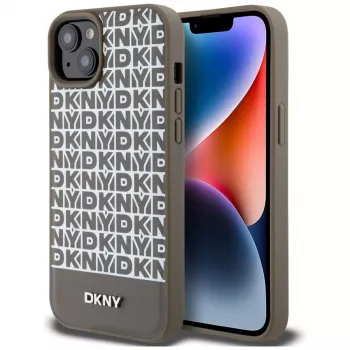 DKNY DKHMP15SPSOSPW trd ovitek za iPhone 15 / 14 / 13, 6,1 palca, rjav, usnje, natisnjen vzorec, kovinski logotip, MagSafe