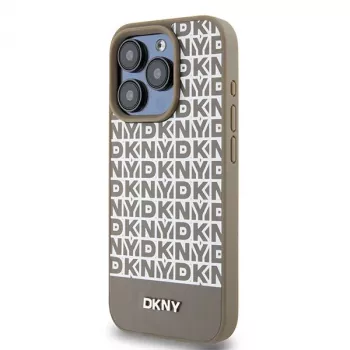 DKNY DKHMP15LPSOSPW trd ovitek za iPhone 15 Pro, 6,1 palca, usnje, natisnjen vzorec, rjav s kovinskim logotipom MagSafe