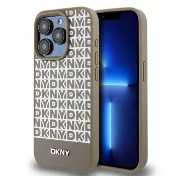 DKNY DKHMP15XPSOSPW trd ovitek iz usnja z natisnjenim vzorcem in kovinskim logotipom MagSafe za iPhone 15 Pro Max, 6,7 palca, rjav