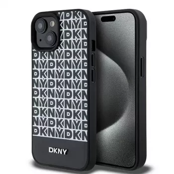 DKNY DKHMP15SPSOSPK trd ovitek za Apple iPhone 15 / 14 / 13, 6,1 palca, črn, usnje z natisnjenim vzorcem in kovinskim logotipom MagSafe