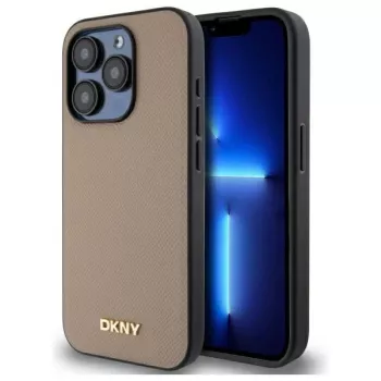 DKNY DKHMP15LPGHLME trd ovitek za iPhone 15 Pro, 6,1 palca, bež z zrnatim kovinskim logotipom in MagSafe