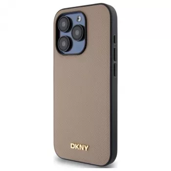 DKNY DKHMP15LPGHLME trd ovitek za iPhone 15 Pro, 6,1 palca, bež z zrnatim kovinskim logotipom in MagSafe