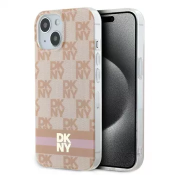 DKNY DKHMP15SHCPTSP trdo ohišje za iPhone 15 / 14 / 13 6,1 palca roza karirasti mono vzorec in potiskani trakovi MagSafe