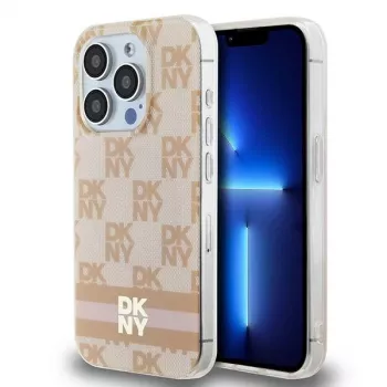 DKNY DKHMP15XHCPTSP trdo ohišje za Apple iPhone 15 Pro Max, roza karirasti mono vzorec in potiskani trakovi, združljivo z MagSafe