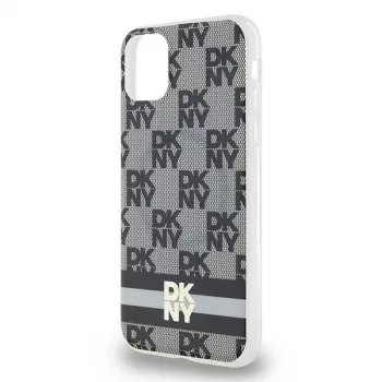 DKNY DKHMN61HCPTSK trdo ohišje za Apple iPhone 11 / XR 6,1 palca – črna s karirastim mono vzorcem in potiskanimi trakovi, združljivo z MagSafe