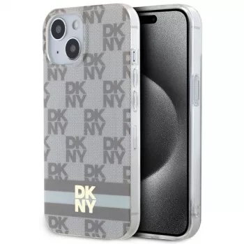 DKNY DKHMP15MHCPTSE trda torbica za iPhone 15 Plus / 14 Plus 6,7 inch bež karo-monokromni vzorec in natisnjene črte MagSafe