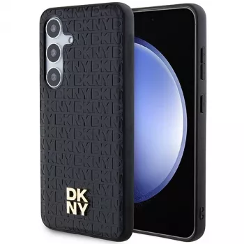 DKNY DKHMS24SPSHRPSK trda ovitek z videzom usnja in kovinskim logotipom MagSafe za Samsung Galaxy S24, črn