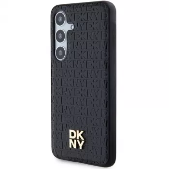 DKNY DKHMS24SPSHRPSK trda ovitek z videzom usnja in kovinskim logotipom MagSafe za Samsung Galaxy S24, črn