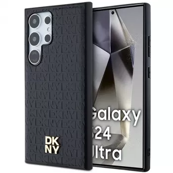 DKNY DKHMS24LPSHRPSK trda ovitek za Samsung Galaxy S24 Ultra, črn z dizajnom usnja in kovinskim logotipom, združljiv z MagSafe