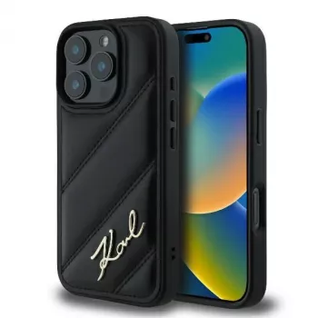 Karl Lagerfeld Quilted Signature trdi ovitek za iPhone 16 Pro, črn