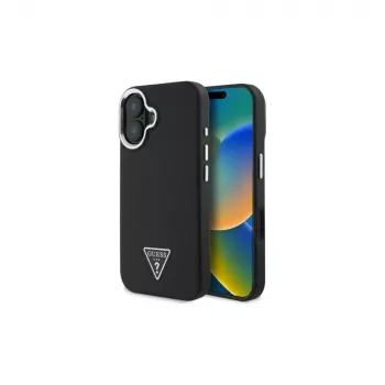 Guess GUHMP16SPGTSPSK iPhone 16 črn trdi ovitek Grained Triangle MagSafe