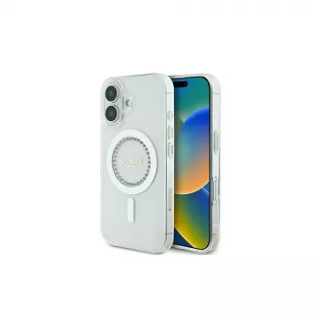 Guess GUHMP16MPFTDTEH trdi ovitek IML s kristalčki MagSafe za Apple iPhone 16 Plus 6,7 inch bel
