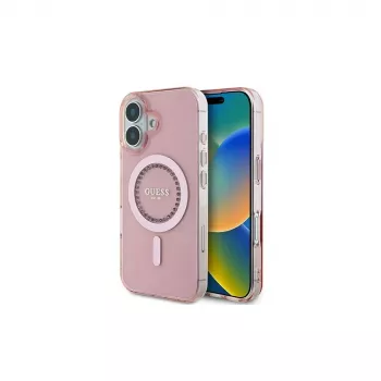 Guess IML Rhinestones MagSafe ovitek za iPhone 16 (roza)