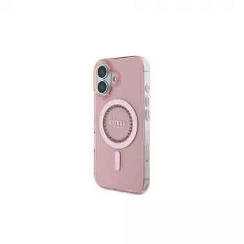 Guess IML Rhinestones MagSafe ovitek za iPhone 16 (roza)