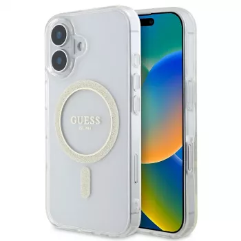 Guess GUHMP16SHFGERET trdi ovitek za iPhone 16 prozoren IML Glitter Circle MagSafe