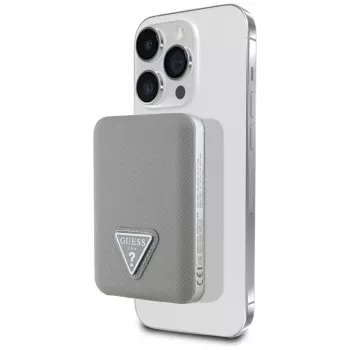 GUESS Grained Triangle brezžična prenosna baterija 5000mAh 15W USB-C MagSafe bež