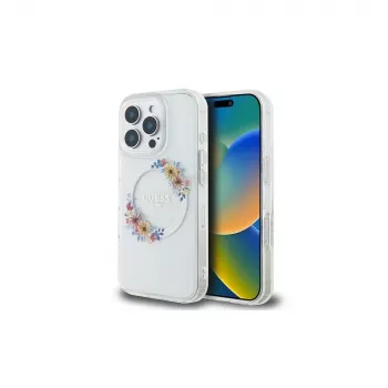 Guess GUHMP16LHFWFCT trdi ovitek za iPhone 16 Pro 6,3 inch prozoren IML Flowers Wreath MagSafe