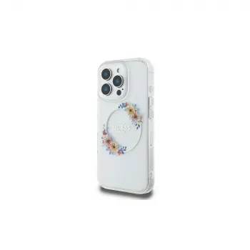 Guess GUHMP16LHFWFCT trdi ovitek za iPhone 16 Pro 6,3 inch prozoren IML Flowers Wreath MagSafe