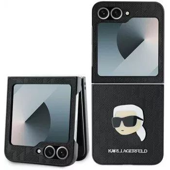 Karl Lagerfeld KLHCZF6PGKSKIHK Saffiano Monogram trdi ovitek za Samsung Galaxy Z Flip 6 / Z Flip 7 FE, črn