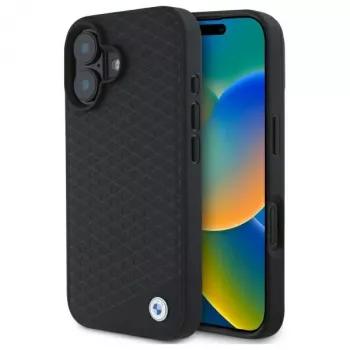 BMW BMHMP16S23RDDK iPhone 16 6,1 inch črn trdi ovitek Sign Leather Diamond Metal Logo MagSafe