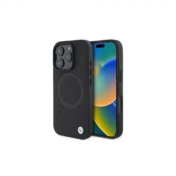 BMW BMHMP16L23RTPK iPhone 16 Pro 6.3 črn trdi ovitek Sign Leather Half Textured And Circle MagSafe