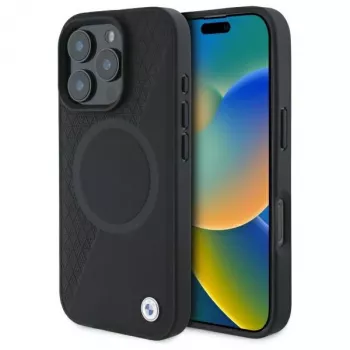 BMW Sign Leather Half Textured trdi ovitek s Circle MagSafe za Apple iPhone 16 Pro Max 6,9 inch črn