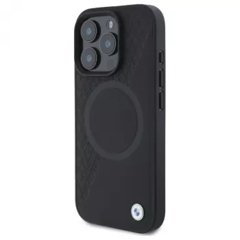 BMW Sign Leather Half Textured trdi ovitek s Circle MagSafe za Apple iPhone 16 Pro Max 6,9 inch črn
