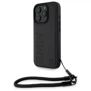 BMW Signature Leather Wordmark Cord trdi ovitek za Apple iPhone 16 Pro 6,3 inch - črn