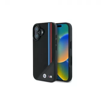 BMW M Meshed Tricolor Stripes MagSafe trdi ovitek za iPhone 16 6,1 inch črn