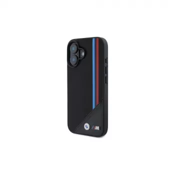 BMW M Meshed Tricolor Stripes MagSafe trdi ovitek za iPhone 16 6,1 inch črn