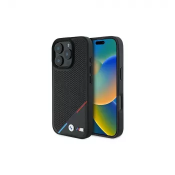 BMW M Perforated Tricolor Line trdi ovitek za iPhone 16 Pro 6,3 inch - črn MagSafe