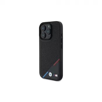 BMW M Perforated Tricolor Line trdi ovitek za iPhone 16 Pro 6,3 inch - črn MagSafe